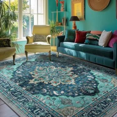 Imagem de RELEANY Tapetes de área 1,5 x 18 m, lavável, antiderrapante, floral, vintage, estampa de angústia, tapete medalhão para sala de estar, quarto, sala de jantar, verde-petróleo, azul lago turquesa