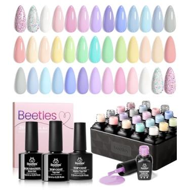Imagem de Beetles Kit de 20 peças de esmalte em gel com 3 peças brilhantes e foscas top coat e base coat Spring Nails - Pastel Paradise Girly Colors Bright Nail Art Solid Sparkle Glitters Gel