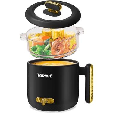 Imagem de Topwit Panela Elétrica Quente com Vaporizador, 1,8 L para Cozinhar, Panela de Ramen Rápida, Panela Elétrica Portátil para Bife, Ovo, Sopa, Macarrão com Ajuste de Energia, Dorm Room Essentia, Preta