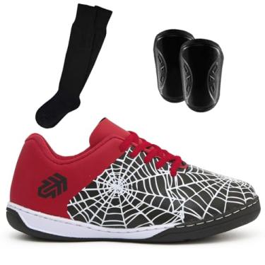 Imagem de Kit Chuteira Tênis Futsal Infantil Aranha Crianças + Caneleira e Meião (Preto, BR, Criança de 9 a 12 anos, Numérico, 28)