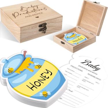 Imagem de Geelin 50 peças, pote de abelha de mel, dois lados, cartões de previsões e conselhos para novos pais, chá de bebê, jogos com cartões, caixa de lembrança de madeira para decorações de desejos (azul)