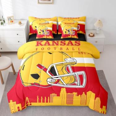 Imagem de Jogo de cama solteiro com tema de futebol americano, cidade do futebol americano, 7 peças, rubi com fronhas e fronhas para crianças, homens e mulheres (Kansas)