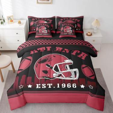 Imagem de Jogo de cama solteiro, 7 peças, com edredom para crianças, meninos, esportes, rubi, para fãs de jogadores de futebol, edredom vermelho e preto xadrez (Atlanta)