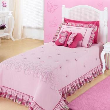 Imagem de Kit Cobre Leito Bordado Jardine Solteiro 3 Pecas - Rosa - ENXOVAIS AQU