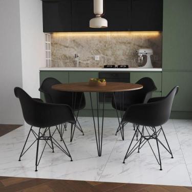Imagem de Mesa Jantar Redonda 90Cm Amêndoa Clips 3 Pés Com 4 Poltronas Pretas Fe
