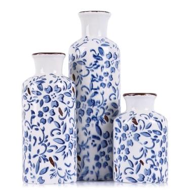 Imagem de Conjunto de vasos de cerâmica azul – 3 vasos pequenos azuis e brancos, vaso de flores costeiras de fazenda, decoração de casa, decoração de sala de estar, lareira, prateleira, decoração de mesa