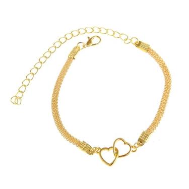 Imagem de Pulseiras de tornozelo com coração dourado, 2 peças, conjunto de tornozeleiras delicadas com pingentes de coração duplo, joias ajustáveis para pés para encontros na praia, presente para sua amiga e