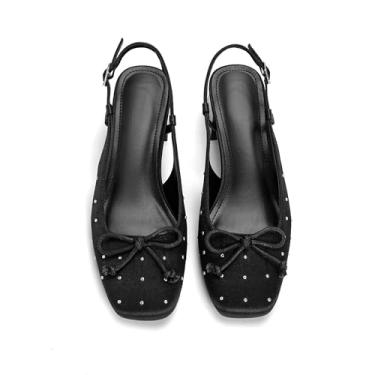 Imagem de Slingback salto balé feminino fechado bico quadrado sapato salto baixo grosso arco bailarina strass festa sobremesa casual, Preto, 35
