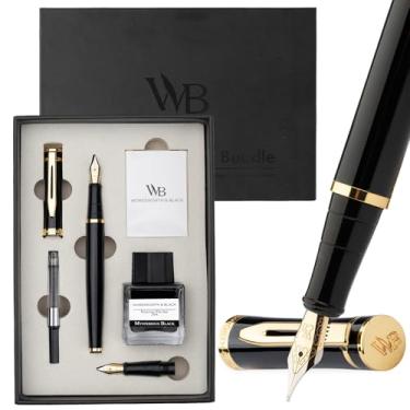 Imagem de Wordsworth & Black Conjunto de canetas-tinteiro, ponta média e extra fina dourada 18K, frasco de tinta preta de 18 ml, 6 cartuchos de tinta, conversor de recarga, caixa de presente, canetas de escrita