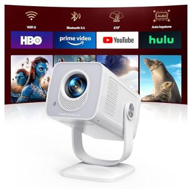 Imagem de Mini projetor com WiFi6 e Bluetooth bidirecional 5.4, 4K Smart 1080p proyector de filmes ao ar livre portátil com Android 13 e aplicativos integrados, Keystone automático e rotação de 270°, compatível