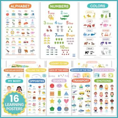 Imagem de 16 pôsteres de aprendizagem para crianças – ABC, Mapa Mundial, Dias da Semana + Mais – Gráficos de parede pré-escolares com imprimíveis para download – Decoração de sala educativa divertida e