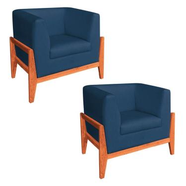 Imagem de Kit 02 Poltronas Lucy Linho Base Madeira Castanho D'rossi Azul A18