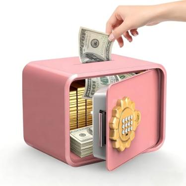 Imagem de SAFEMini cofre, pequeno cofre para crianças com porta de automóvel, código e fechadura para dinheiro, moedas e itens pessoais, cofre digital para casa, hotel, escritório, cofre rosa design de girassol