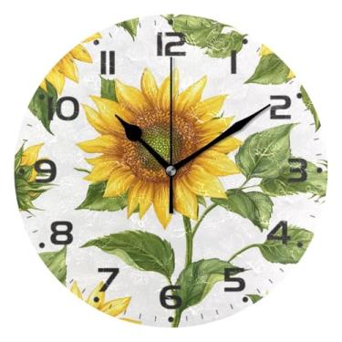 Imagem de Qilmy Relógio de parede pequeno moderno girassol 25 cm, operado por bateria, silencioso sem tique-taque, relógio analógico decorativo para escritório em casa, escola, quarto, banheiro e cozinha, fácil