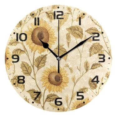 Imagem de JUZIHAI Relógio de parede girassóis silencioso, sem tique-taque, redondo, operado por bateria, fácil de ler, relógio decorativo de parede para casa, cozinha, sala de estar, quarto, escritório, 25 cm