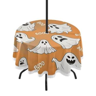 Imagem de Qilmy Toalha de mesa redonda à prova d'água Halloween Boo de 152 cm com orifício para guarda-chuva e zíper – uso externo / interno resistente para pátio, churrascos, piqueniques, festas (serve para