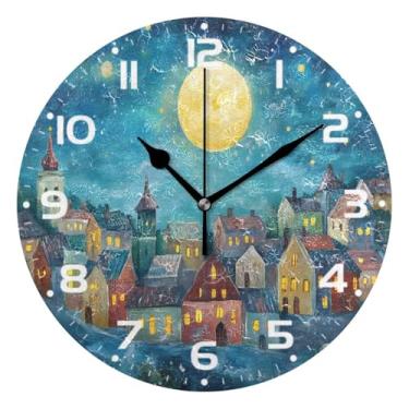 Imagem de JUZIHAI Relógio de parede com pintura de céu estrelado, silencioso, sem tique-taque, relógios de parede redondos, operados por bateria, fácil de ler, relógio decorativo de parede para casa, cozinha