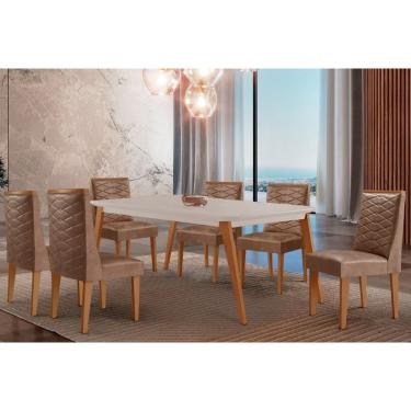 Imagem de Sala Jantar Mesa Havana Tampo c/ Vidro Curvo 180cm+6 Cadeiras Dafne Madeira Naturale/Off White - Capuccino/Corano Capuccino - Rufato