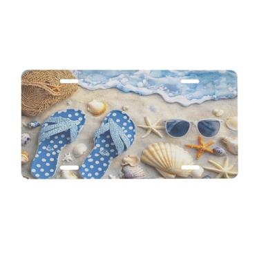 Imagem de Placa de licença de estrela do mar areia de verão para placas dianteiras de carro alumínio metal adequado para caminhão, placa de porta de carro, bar, café, acessórios automotivos para homens e