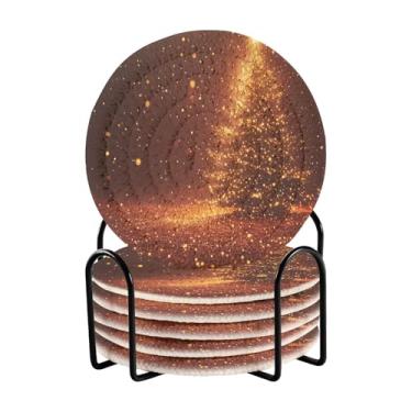 Imagem de Blueangle 6 peças de porta-copos de árvore de Natal estrelas brilhantes para bebidas, porta-copos de tecido redondo super absorvente para mesa de café, proteção de mesa para decoração de casa (531)