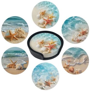 Imagem de sunwarshile Porta-copos para bebidas com suporte de porta-copos de couro redondo conjunto de 6 xícaras canecas tapete para bar de cozinha doméstica (praia)