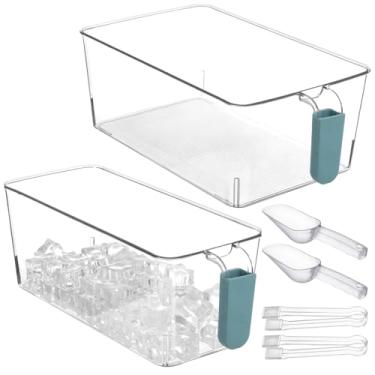 Imagem de 2 caixas de gelo com colher e pinça, balde de gelo com alça para freezer, 2 tamanhos de recipiente de gelo de plástico transparente para festa de verão DIY, 31 x 17,5 x 11 cm, 31 x 12,4 x 11 cm, ciano