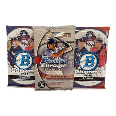 Imagem de Topps 2025 Bowman Chrome Baseball MLB Trading Cards, 3 Pack Bundle with 1 Exclusive Mega Chrome Pack, and 2 Bowman Chrome Packs - 5 Cards per Pack,15 Cards Total