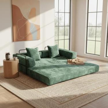 Imagem de Sofá-cama conversível de 195,6 cm, sofá-cama 4 em 1 com apoios de braço em forma de L, sofá-cama tamanho queen colchão dobrável confortável para sala de estar, quarto, verde