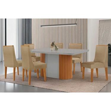 Imagem de Conjunto: Mesa Sala Jantar Pilar Curvo 180cm + 6 Cadeiras Dakota Madeira Naturale/Off White - Capuccino/Linho Bege - Rufato