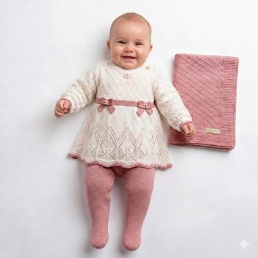 Imagem de Kit Macacão e Manta Tricô Kids Com Vestido Bordado Rose