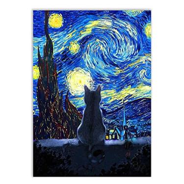 Imagem de Placa Decorativa Gato Noite Estrelada Van Gogh Arte