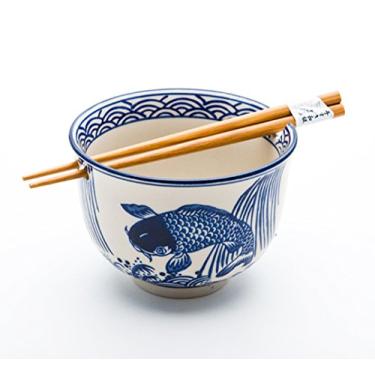 Imagem de Happy Sales HSRB-GRYDRF, tigela de cereal para sopa de macarrão Ramen Udon c/ hopsticks, design de libélula cinza carvão, Coi, Blue Koi