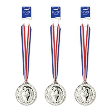 Imagem de Beistle Medalhas, fitas de 76 cm, pacote com 3, prata/vermelho/branco/azul