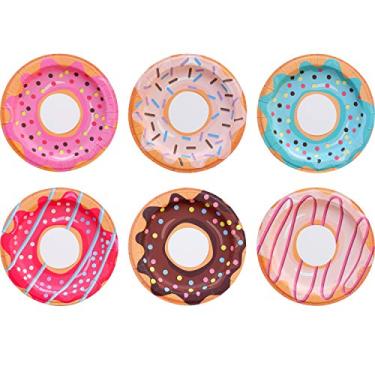 Imagem de Pratos de papel – 60 unidades pequenas descartáveis coloridas e fofas placas de festa em 6 designs temáticos variados – Artigos de festa para aniversário, sobremesa, chá – 20,32 cm x 20,32 cm (Donut)