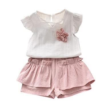 Imagem de Camiseta bebê plissado princesa flor verão shorts meninas tops + conjunto crianças 2 peças roupas infantis (rosa, 18-24 meses)
