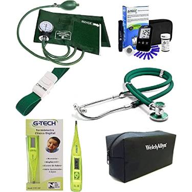 Imagem de Kit De Enfermagem Completo Com Glicosímetro Esteto Esfigmo Termômetro Garrote E Necessaire (VERDE)