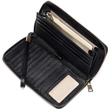 Imagem de SENDEFN Carteiras femininas de couro com bloqueio RFID, zíper, grande capacidade, carteira longa com porta-cartões de crédito, 1-Cera-Black