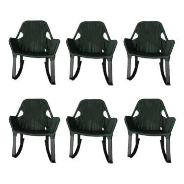 Imagem de Kit 6 Cadeiras de Balanço Athenas Corda Náutica Base em Alumínio Preto/verde Musgo