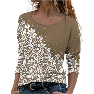 Imagem de Blusas femininas de gola redonda para mulheres gradiente gráfico floral ajuste solto camisa longa outono verão 2024 moda Y2K, W-831 marrom, M