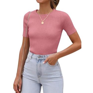 Imagem de ANRABESS Camiseta feminina gola redonda manga curta malha canelada slim fit 2024 verão casual básica camiseta lisa, Coral, P