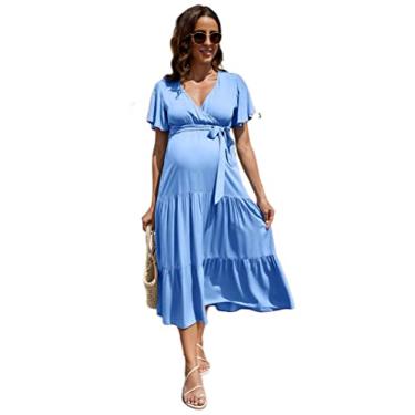 Imagem de FUNJULY Vestido feminino para gestantes, gola V, manga bufante, plissado, para chá de bebê ou uso casual, Azul, M