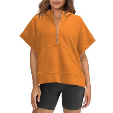 Imagem de Camisetas femininas grandes com capuz sólido meio zíper manga curta moletom casual verão pulôver tops com bolsos, Laranja, M