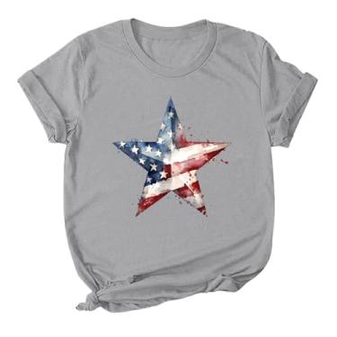 Imagem de Camiseta feminina patriótica bandeira americana manga curta roupas de verão 2024, Cinza, 3G