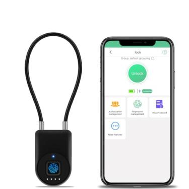 Imagem de Dhiedas Trava de cabo de impressão digital, trava de impressão digital de 9,5 cm com aplicativo Bluetooth, cadeado inteligente biométrico à prova d'água biométrico à prova d'água para portão, cerca