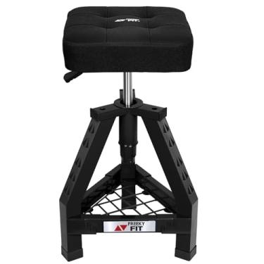 Imagem de FreekyFit Banco de loja ajustável, cadeira de mecânico de garagem, assento de trabalho para oficina, altura ajustável, assento quadrado acolchoado giratório de 360°, armazenamento de ferramentas