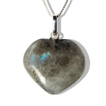 Imagem de Colar Coração Pedra Labradorita Natural Pino Prata 950