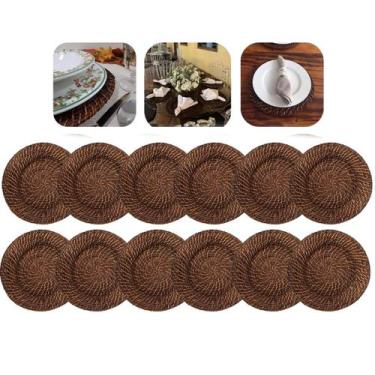 Imagem de Kit 12 Jogo Americano Sousplat Redondo Bambu Rattan Marrom Escuro 32cm