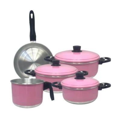 Imagem de Jogo de Panelas 5 Peças Rosa Com Fervedor - BellaDora Artigos