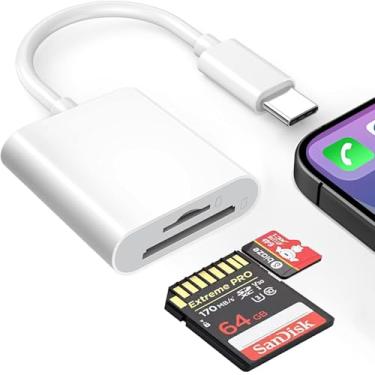 Imagem de ukiism Leitor de cartão SD USB C para iPhone 15/iPad/MacBook/Mac, leitor de cartão de memória USB C para SD/Micro SD para laptop tipo C, tablet, celular, adaptador de câmera USB C 2 em 1 para iPhone