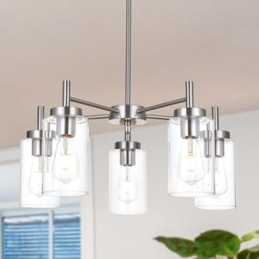 Imagem de VINLUZ Lustres Grandes Contemporâneos com 5 Lâmpadas, Luminárias Modernas de Vidro Transparente, Iluminação Pendente, Níquel Polido Escovado, Luminárias de Teto para Sala de Jantar, Fio Ajustável, Sem